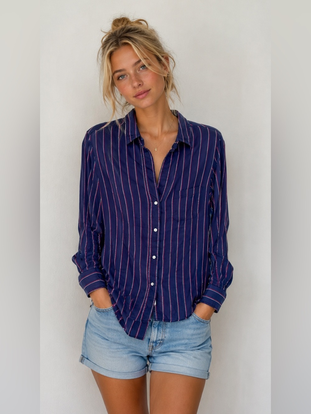 Grayson The Hero Button Down Flannel Shirt Striped Women's Size 01 XS Navy